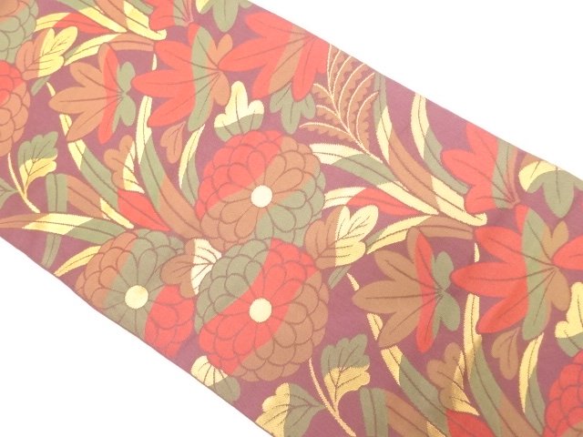 菊に芝草模様織出し全通袋帯